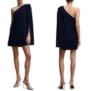 Mango MNG Navy Blue One-Shoulder Cape Sleeve Minidress Womens Size New NWT